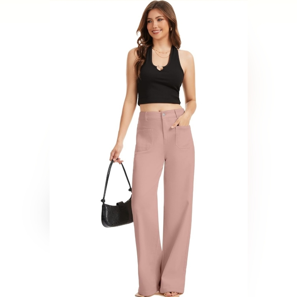 Wide Leg High Waisted Pants Size L NWT Blush Pink Stretchy Soft Trendy - Picture 4 of 5